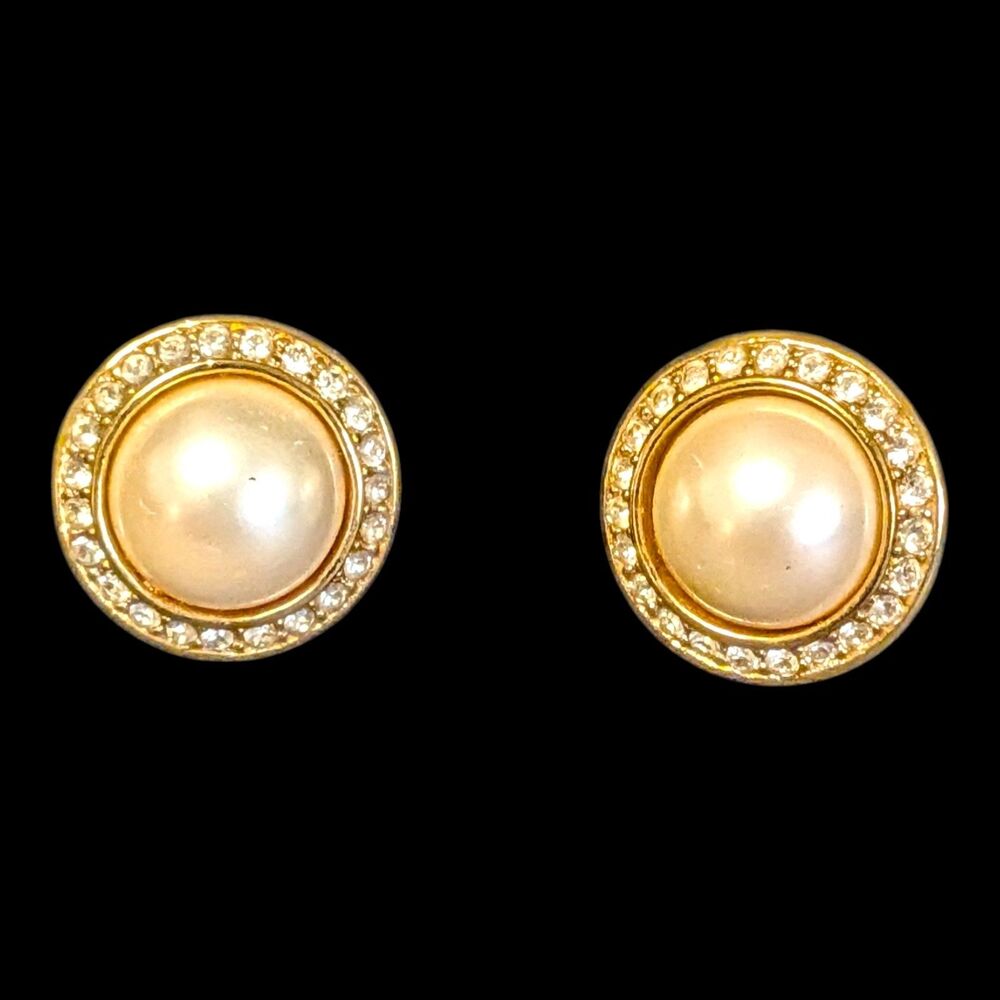 Christian Dior Gold Tone Faux Pearl Earrings With Rhinestones